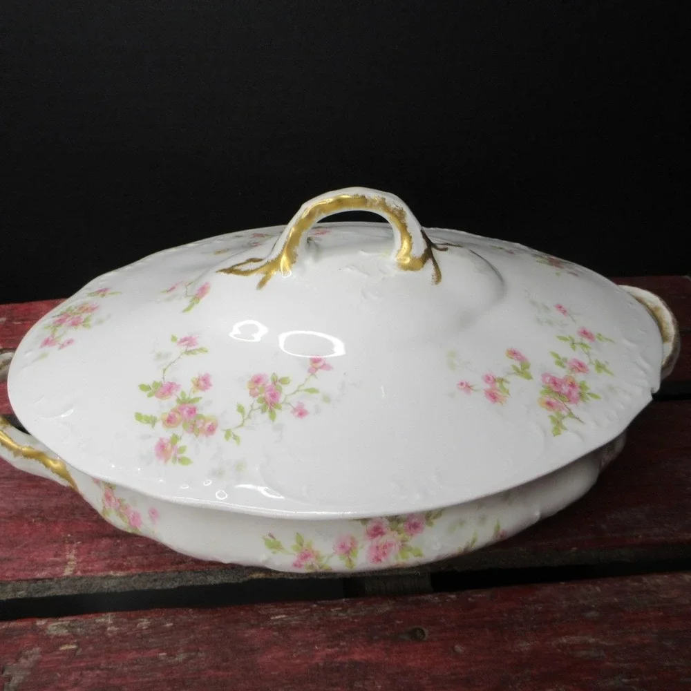Antique Theodore Haviland Limoges France Covered Casserole Dish Pink Roses Gold